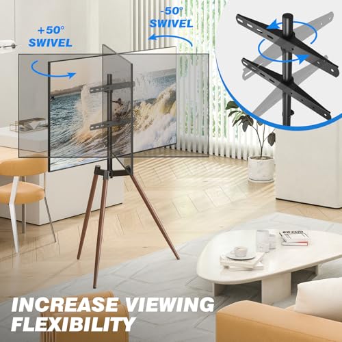 Rfiver Artistic Easel TV Stand, Height Adjustable & Swivel 100° Tripod TV Stand for 32-65 Inch LCD LED Flat Panel Curved Screen TVs up to 77 lbs, Portable TV Mount for Bedroom, Living Room, Studio - color: Walnut