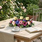 Svndlyn 25 Inch Artificial Floral Centerpiece with 3 Candle Holders Peony & Rose Arrangement for Dining Room Table Pink Purple & Blue Spring Decor (Fits 3" Candles, Candles Not Included)