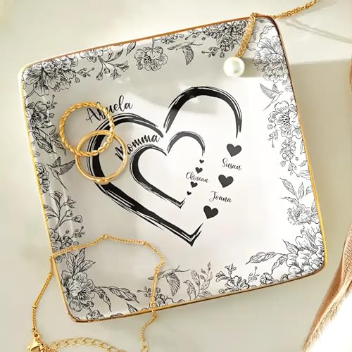 Personalized Chinoiserie Floral Jewelry Dish Ceramic Ring Holder Square Trinket Tray Custom Grandparent Mother Birthday Present We Love You Heart Shaped Toile Mother’s Day Keepsake With Names - color: Design 03