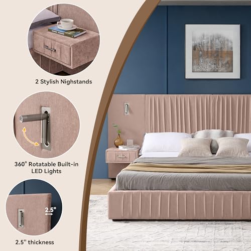 Luxury Queen Size Bed Frame with Oversized Upholstered Headboard, Modern Chenille Upholstered Platform Bed Frame with Gold LED Lights, Nightstands, No Box Spring Needed, Pink - color: Pink, size: Queen