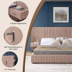 Luxury Queen Size Bed Frame with Oversized Upholstered Headboard, Modern Chenille Upholstered Platform Bed Frame with Gold LED Lights, Nightstands, No Box Spring Needed, Pink - color: Pink, size: Queen