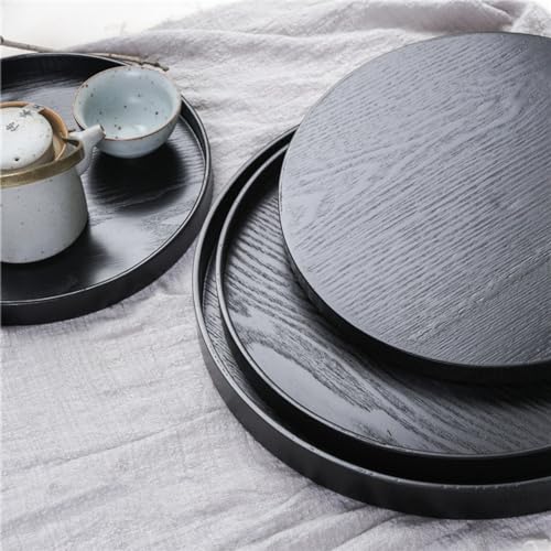 Round Solid Wood Serving Tray Extra Large Tea Coffee Snack Food Meals Serving Plate Non-Slip Kitchen Party Bar Server Ottoman Tray Breakfast Tray with Raised Edges (13inch/33cm) Black - size: 13"