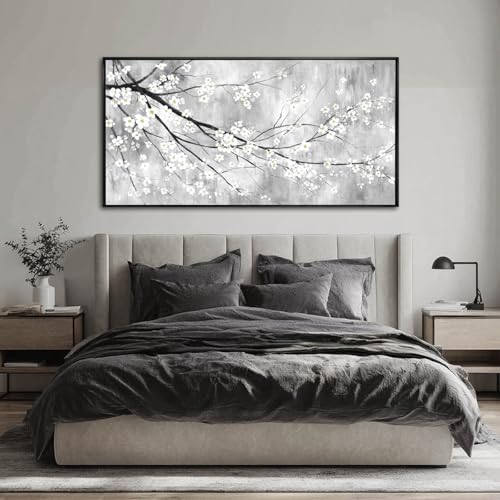 WINKAILIN White Black and Gold Plum Blossom Canvas Wall Art with Black Frame 24"x48" Floral Artwork Modern Botanical Wall Decor for Bedroom Living Room Office Kitchen - color: Black and White, size: 48"L x 24"W