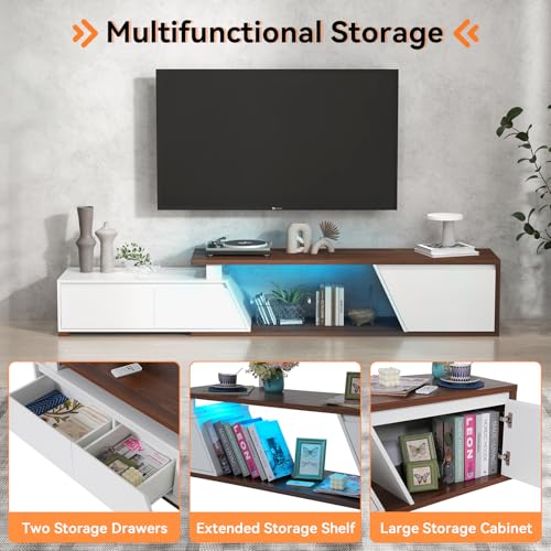 Verano Garden Extendable TV Stand with Led Lights, Wood TV Media Console with 2 Drawers & 1 Cabinet, Modern Entertainment Center Up to 90 Inch TV for Living Room Bedroom, 63" - 90.6" (White & Walnut) - color: White & Walnut