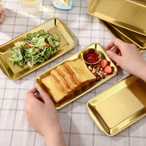 Gold 12 Pcs Small Stainless Steel Serving Tray Bulk 8.66'' x 4.33'' Rectangle Stainless Steel Food Serving Platter with Handle Vanity Tray Decorative Party Plate for BBQ Buffet Appetizer - color: Gold