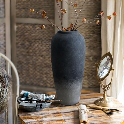 Ceramic Rustic Farmhouse Vase, 15 Inch Black Handmade Pottery Flower Vase for Home Decor, Rustic Living Room Decor, Wedding Gifts, Shelf & Table Decoration - color: Black, size: Large