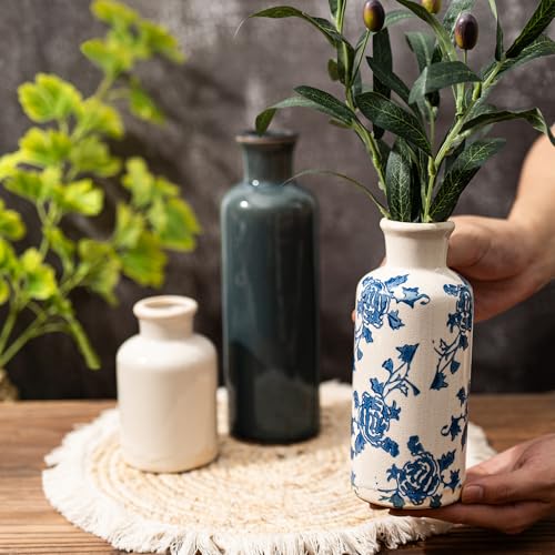 Vintage Ceramic Flower Vase Set of 3, Rustic Farmhouse Vase for Home Decor, Distressed Decorative Vase for Table Entryway Mantel Centerpiece Living Room Bathroom Bedroom (Blue and White) - color: 102-blue and White