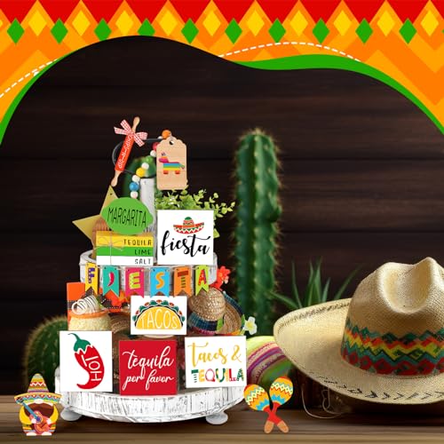 Tatuo 16 Pcs Cinco De Mayo Tiered Tray Decor Set, Mexican Wooden Fiesta Signs - Taco, Sombrero, Rainbow Donkey, Farmhouse Style Table Decor for Home Kitchen Summer Party Holiday Shelf