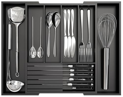 Bamboo Kitchen Silverware Drawer Organizer - Expandable Wood Utensil Holder with Dividers, Luxury Cutlery Storage Tray for Kitchen Utensil and Flatware (5-7 Slots with Removable Knife Block, Black) - color: Black
