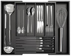 Bamboo Kitchen Silverware Drawer Organizer - Expandable Wood Utensil Holder with Dividers, Luxury Cutlery Storage Tray for Kitchen Utensil and Flatware (5-7 Slots with Removable Knife Block, Black) - color: Black