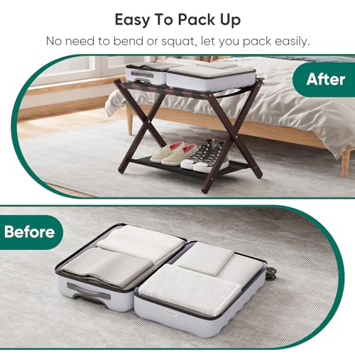 Smuxee Brown Bamboo Luggage Rack Pack of 2, Foldable Suitcase Stand with Storage Shelf, Easily Assembled Luggage Stand with 5 Nylon Straps for Guest Room Bedroom Hotel - color: Brown 2PCS