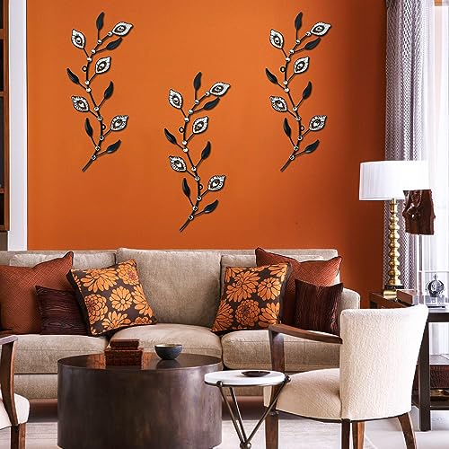 Cityelf 3 Set Crystal Leaf Wall Art Sculpture Iron Tree Leaves Branch Hanging Wall Décor Jeweled Bling Home Deor Acrylic Diamond Accent … - color: blact set 3