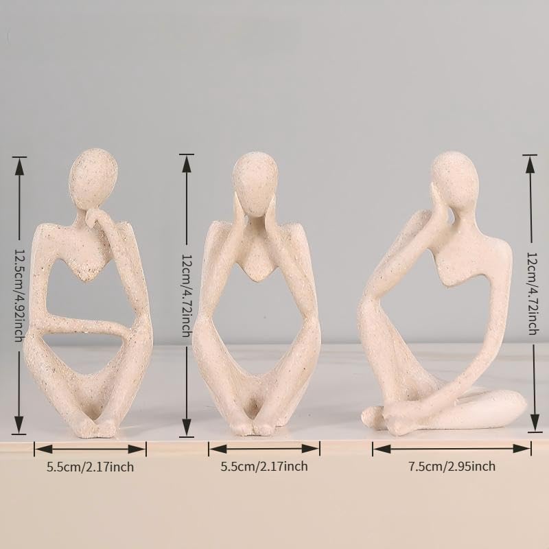 Abstract Thinker Statues Set of 3 Sandstone Resin Sculptures Modern Minimalist Art Figurines Seated Posed Sculptures for Home Office Shelf Tabletop Display Decor Accents