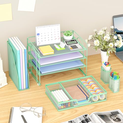 Marbrasse Desk Organizer and Accessories，4-Tier Paper Letter Tray Organizer with File Holder, Desk Accessories & Workspace Organizers with Drawer and 2 Pen Holder (Green, 15.4" x 9.1" x 8.3") - color: Green