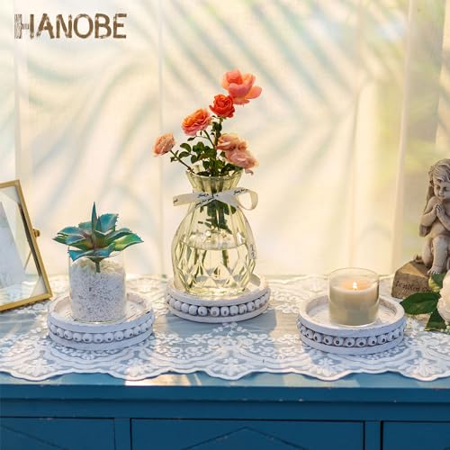 Hanobe Candle Holder for Pillar Candles: Set of 3 Rustic Farmhouse Wooden Candlestick Holders - Whitewashed Candle Stand for Table Centerpieces Fireplace Mantel Home Decor