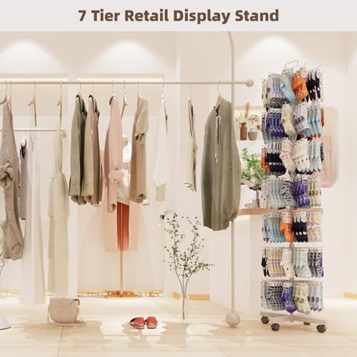 Retail Display Racks 7 Tier Spinning Display Stand, Movable Shop Spinner Rack with Hooks, Retail Display Stand for Jewelry Keyring Hats Socks Toys (White) - color: White, style: 7 Tier