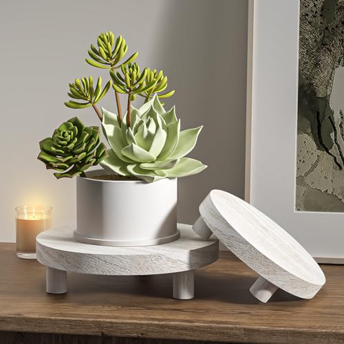 3 Pcs Wood Plant Stand Indoor Outdoor, Round Wood Riser for Decor 6/8/10" Wooden Stool Display Stand Flower Pot Holder Small Planter Tray Modern Potter Decorative for Desktop Counter Room - color: Washed White