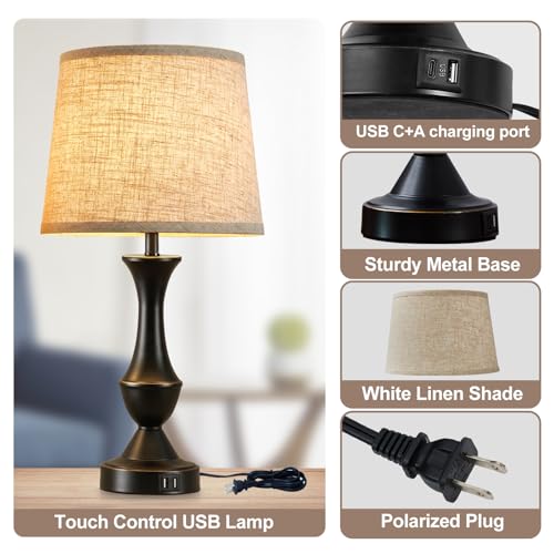 Luvkczc Upgraded Touch Table Lamps Set of 2, 22" Tall Bedside Lamps with USB C+A Ports, Dimmable Nightstand Lamps for Bedroom, Living Room, Office, Black Lamp with Beige Lampshade, Bulb Included - color: Black, Beige, size: 22in