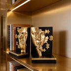 Gold Abstract Face Bookends Set,Modern Thinker Bookshelf Decorative Bookends,Cool Black Gold with Puzzle Design,for Shelves, Desk & Home Office Decor Accessories