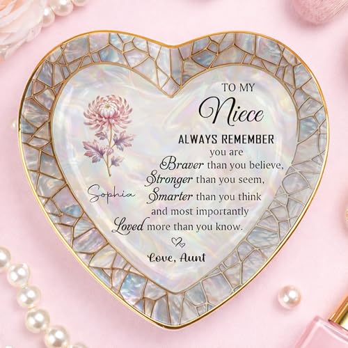 Personalized Niece Jewelry Dish Gift from Aunt, Heart Trinket-Dish with Custom Birth Flower, “Always Remember You Are Braver Stronger Smarter Loved” Inspirational Ceramic Ring Keepsake - color: Niece 054