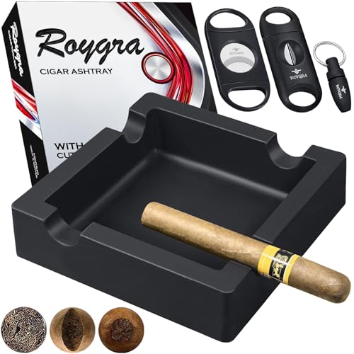 roygra Outdoor Ashtray, Ash Tray Outdoors, Cigar Ashtray for Outside Patio with 3 Cutter, Silicone Ashtrays for Outdoors with 4 Holder, Cigars Smoking Accessories for Men, Home Décor Smokers Indoor - color: Black