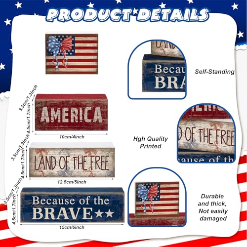 CroBlissful 4 Pcs 4th of July Decorations Patriotic Memorial Day Tabletop Decoration Red White Blue Table Centerpieces 250th Anniversary Wooden Fourth of July Sign for Office Tiered Tray Home Shelf - style: Independence