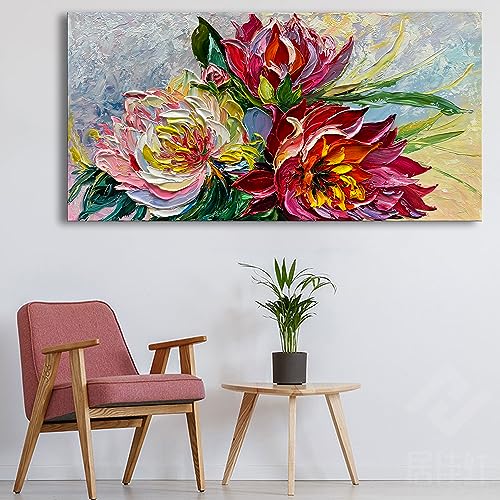 Art Hand Painted red Flowers Art Oil Painting 24x48 Thick Texture Abstract Wall Decorative Art Oil Painting - color: Yi034