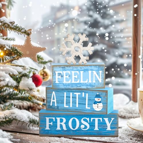 Yuntau 4 Pcs Winter Wooden Tabletop Decor Christmas Snowflake Tiered Tray Decor Rustic Wood Block Sign Gift Winter Centerpiece for Shelf Office Farmhouse Table Frozen Birthday Party Decoration - style: Snowflake
