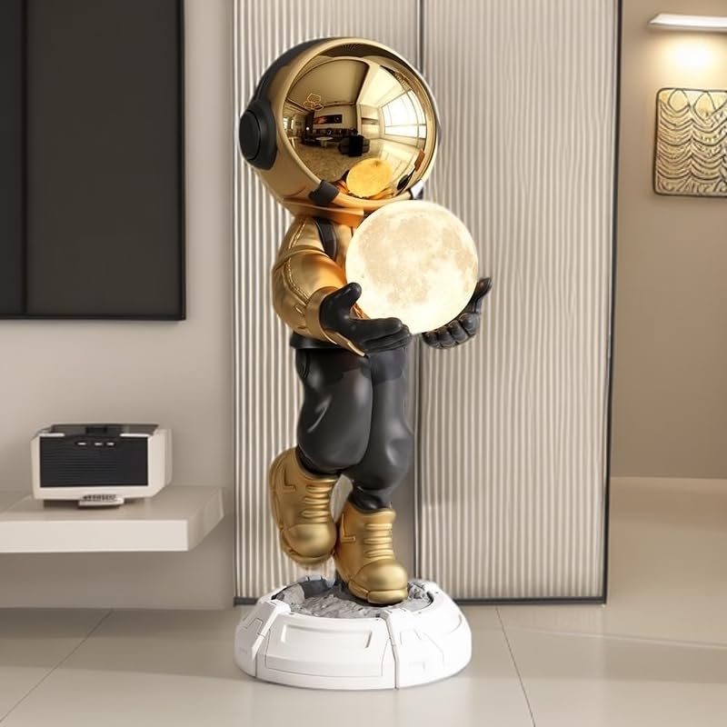 Astronaut Statue, Spaceman Sculpture, Home Decor Sculpture, Cool Metal mask Decoration, Large Spaceman Figurine Decoration - color: Gold and Black