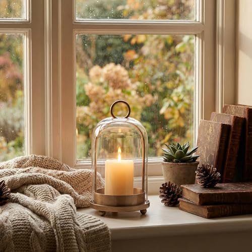 15"&9"&7" Hurricane Glass Candle Holders Set of 3, Metal Candle Holder with Handmade Glass Dome in Brass, Hanging Versatile Hurricane Glass Candle Holders for Pillar Candles (Candles Not Including)