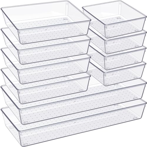 Criusia Drawer Organizer, 10 Pack Large Clear Plastic Set, 3 Size Versatile Bathroom and Vanity Organizer Trays, Storage Bins for Makeup, Bedroom, Kitchen Utensils - size: 10PACK