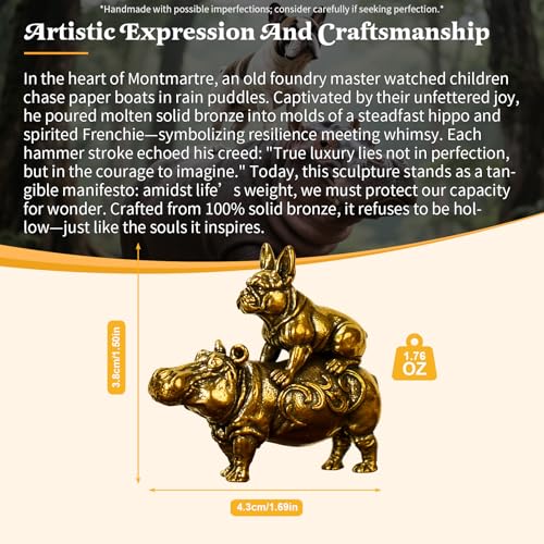 CHOVY Whimsical Brass Animal Sculpture - French Bulldog on Hippo Figurine, Solid Metal Handmade Vintage Collectible, Unique Desk Curio for Office, Shelf Display & Humorous Gift for Pet Lovers - color: Hippo and French Bulldog