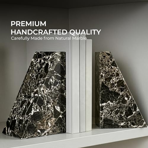 Black Marble Bookend 6" - Book Stoppers for Bookshelves - Modern Decorative Marble Bookends for Home and Office, Black Zebra - color: Black