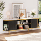 EROMMY 70" Fluted TV Stand, TV Entertainment Center with Storage for TVs Up to 80", Modern TV Console with Faux Marble Top, Curved Design, Tambour Sliding Doors (Black) - color: Black