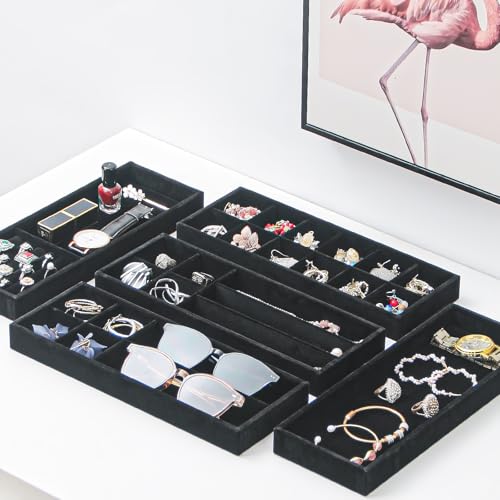 Divided Drawer Organizer Tray, Velvet Jewelry Storage Tray, Necklace Bracelet Ring Earring Display Tray,Bedside Nightstand Desk Holder Tray for Phone Watch Sunglasses Cosmetics Storage/Black/1grid - color: Black, size: Grid1