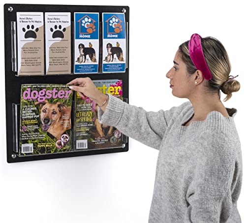 Displays2go Acrylic Wall Mounted Magazine Rack, 4-8 Adjustable Pockets, 2-Tiered - Black (2RP4BLK) - color: Black, size: 4 Pockets