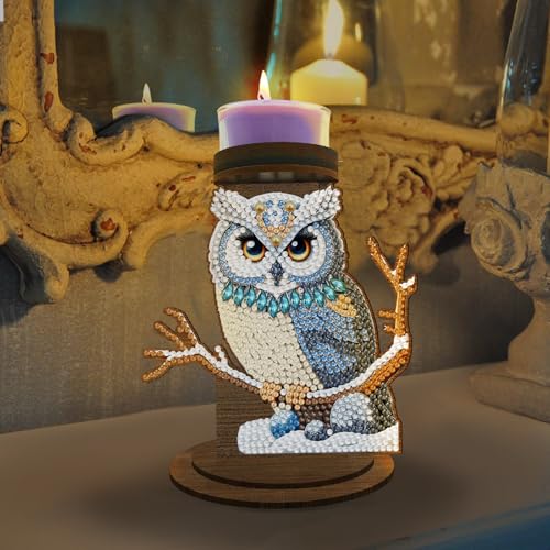 ARTopet DIY Diamond Art Painting Candlestick Holders Wooden Desk Candle Holder Ornament Double Sided Diamond Tabletop Ornaments for Home Decor-Owl - color: Owl