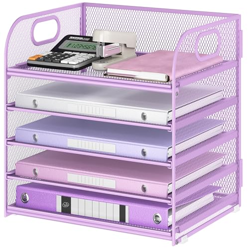 Lavatino Desk Letter Tray Paper Organizer, 5-Tier with Handle Metal Mesh Desktop File Organizer Paper Holder for Classroom Office Desk Accessories- Purple - color: 5 Tier - Purple, size: 12.6" x 9.1" x 11.5"