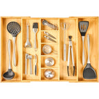 Umilife Extra Large Expandable Kitchen Drawer Organizer for Utensil and Junk, 19" Deep for Big Drawer, 17" to 28" Adjustable Bamboo Wood Drawer Divider, Cutlery Tray, Flatware Holder - style: For Utensil (17"~28" x 19")
