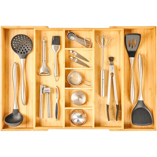 Umilife Extra Large Expandable Kitchen Drawer Organizer for Utensil and Junk, 19" Deep for Big Drawer, 17" to 28" Adjustable Bamboo Wood Drawer Divider, Cutlery Tray, Flatware Holder - style: For Utensil (17"~28" x 19")