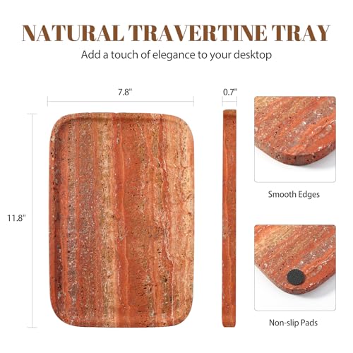 Koville Red Travertine Tray, 12"x8" Natural Stone Vanity Tray for Countertop Bathroom Kitchen Dresser, Decorative Marble Catchall Trays for Perfume Jewelry, Rectangular Serving Tray - color: Red Travertine