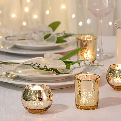 DEVI 48PCS Assorted Gold Votive Candle Holders Bluk, Gold Wedding Decorations, Mercury Glass Candle Holder for Tea Lights, Christmas Party Diwali Centerpieces for Table, Wedding Party Supplies - color: Gold