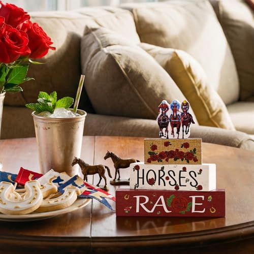 Smile Horses and Races Wooden Block Decor Jockey HORSES RACES Rose Tiered Tray Tabletop Signs for Horse Racing Party Decorations - style: Jockey