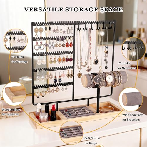 Ciormis 5 Tier Jewelry Holder Organizer, 72 Holes Earring Tree Holder Organizer 12 Hooks Necklace Rack Display Holder with Ring Storage Tray Bracelet Display Holder for Preppy Girl Friend Gift(Black) - color: Black-new