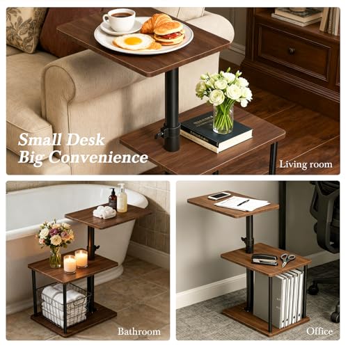 Faesun Swivel Side Table for Couch Arm, Height Adjustable C Shaped End Table for Recliner or Bed, Tv Trays with Storage Shelf for Small Spaces- Small Nightstand for Living Room, Bedroom - color: Walnut