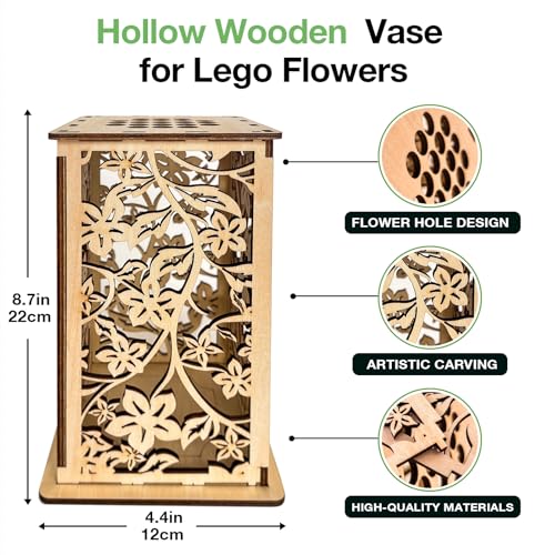 Wooden Vase for Lego Flowers, Display Stand for Lego Flower, Cool Artistic Carving Vase with Hollow Flower Pattern for Flower Lovers (Wood) - color: Wood-flower