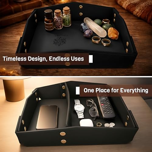 Valet Tray Organizer for Men & Women - PU Leather Catch All Tray with Removable Divider - EDC Storage for Keys, Watch, Phone - Nightstand, Dresser & Desk Organizer - Obsidian Black - color: Obsidian Black