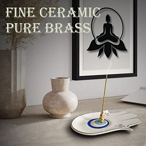Ceramic Hamsa Hand Incense Holder - 2 in 1 Brass Incense Holder for Sticks and Coil Incense- Zen Decor with Hand of Fatima Design Protection from Evil - 6.2" L X 4.5" W (WhiteEye) - color: Whiteeye
