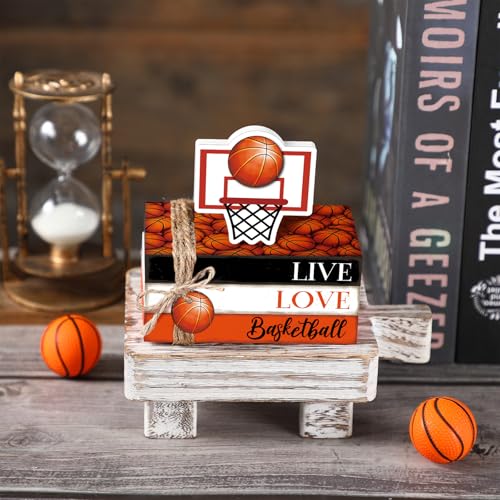 Briwooody 5 Pcs Basketball Decoration Farmhouse Wooden Mini Book Stack Sport Ball Party Table Centerpieces Senior Night Basketball Decor for Locker Room Home Bedroom Office Desk Tiered Tray Shelf - style: Basketball