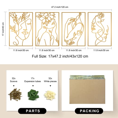Glamativity 4 Pack Gold Wall Art Decor, Female Flower Face Lover Minimalist Décor Single Line Art Wall Décor, Real Metal Wall Art, Woman's Body Shape Abstract Wall Art, for Kitchen Bedroom Living Room (Gold Floral Lady Style, M Size 17 x 11.8'') - color: